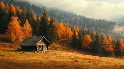 Hut in the autumn mountains