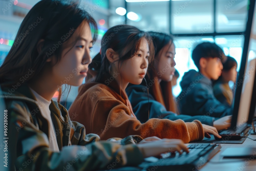 Poster group of individuals working on laptops at a table, focused on their work