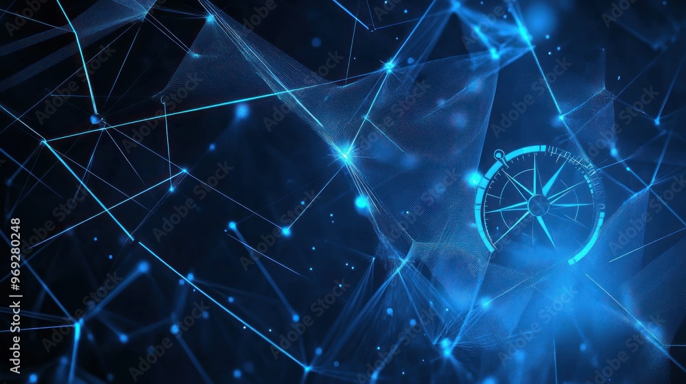 Wall mural abstract digital network with a compass, symbolizing navigation and connectivity.