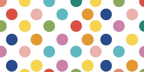 a pattern of colorful polka dots on a white background. The dots are evenly spaced and come in various colors, including blue, pink, yellow, green, red, and purple