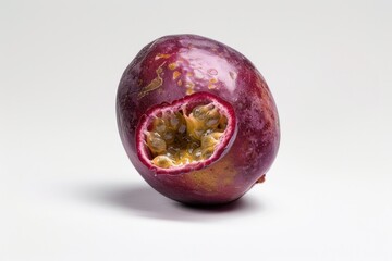 A close-up shot of a purple fruit sitting on a white surface