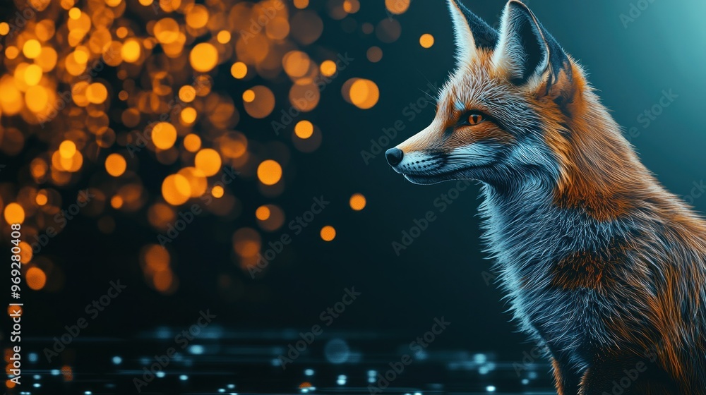 Poster a fox in profile against a backdrop of glowing orbs, creating a mystical atmosphere.