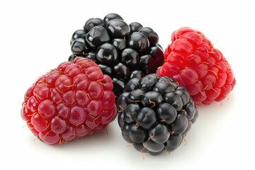 Fresh raspberries arranged on a clean white background, ideal for food or still life photography