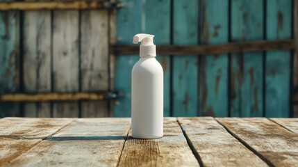 A white pump bottle stands on a wooden table against a rustic background.