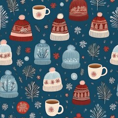 Warm Winter Essentials seamless pattern Icons - set of icons featuring cozy coffee cocoa mugs, clothing. Christmas wallpaper. Graphic art illustration. Ai generative