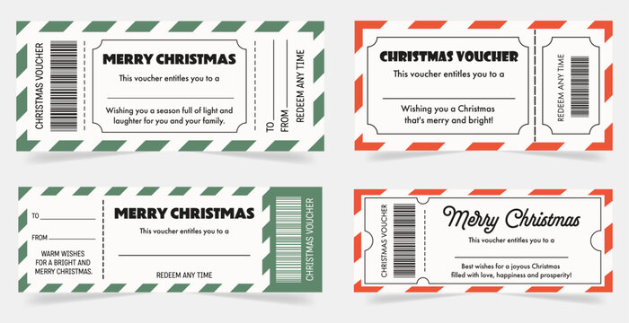 Christmas voucher template. Christmas gift voucher coupon template for friends, colleagues, family. Winter holiday gift Idea. Coupon books pages. Merry Christmas greeting.