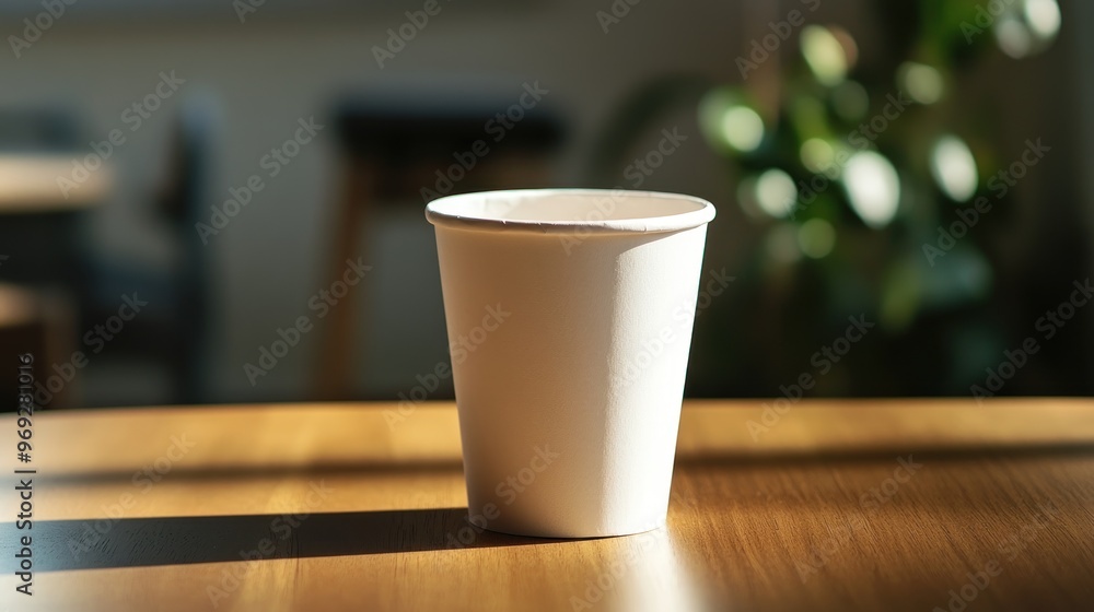 Poster A simple white cup on a wooden table, illuminated by soft sunlight.