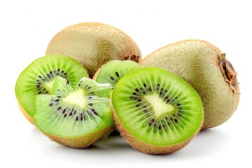Fresh kiwi fruit halves arranged on a clean white surface for photography or illustration