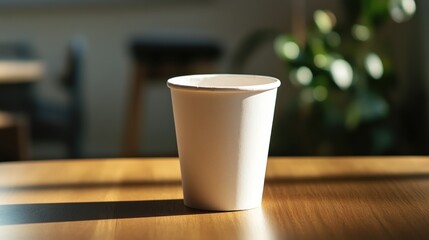 A simple white cup on a wooden table, illuminated by soft sunlight.