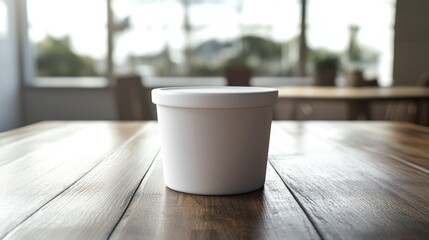 A plain white container sits on a wooden table in a softly lit room.