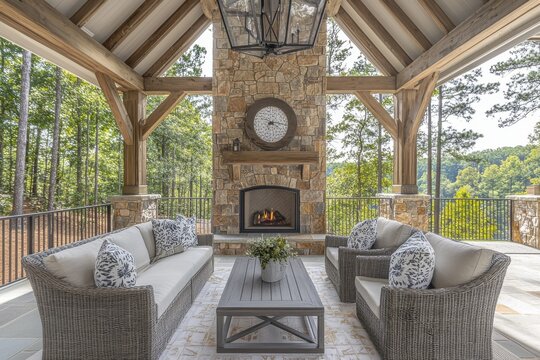Stunning stone patio porch with outdoor fireplace of a large home