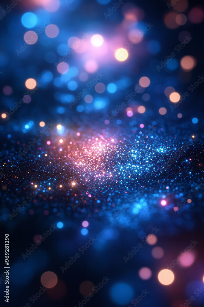 Poster a dynamic wave of cool-toned bokeh lights,