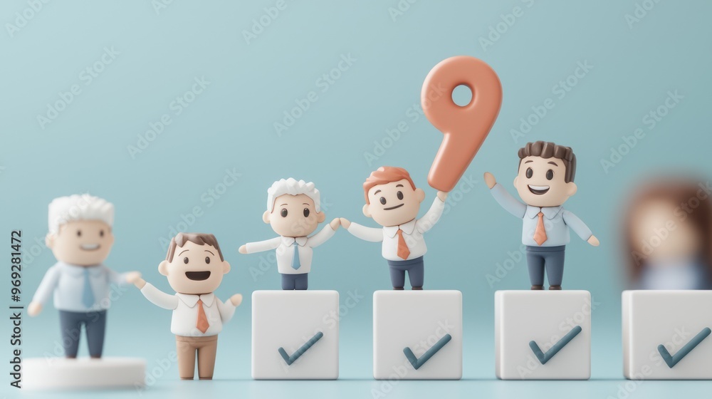 Poster dynamic 3d characters adjusting business goals on vibrant chart in high luminosity cartoon style, ge