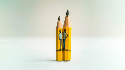 Best friends reunion represented by human figures on yellow school pencils. Minimal back-to-school friendship and teamwork concept.