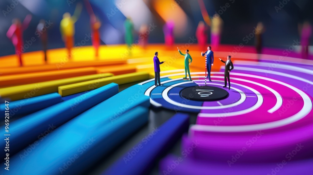 Poster team of business characters achieving targets on vibrant 3d goal tracker in high luminosity - 32k c4