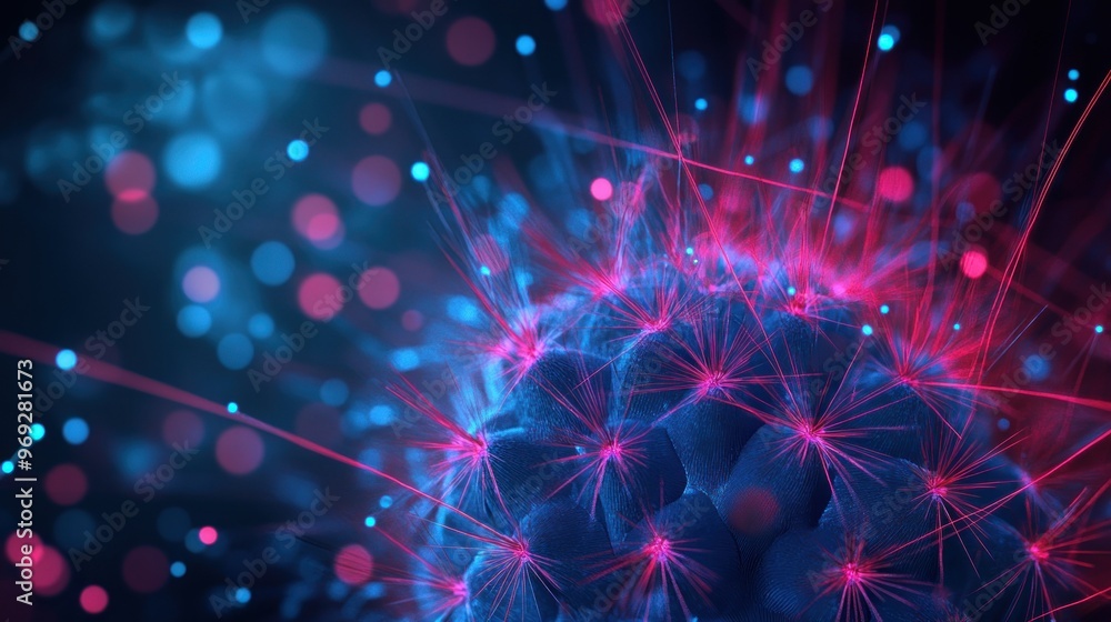 Poster a colorful representation of a virus with glowing particles and spikes.