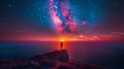 Obraz premium Mesmerizing view of a man silhouette looking at the Milky Way galaxy from the top of the mountain, starry night sky with stars