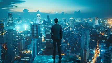 Businessman in Future Bangkok City, Cyberpunk Graphic Design, Copy Space, Blue Theme
