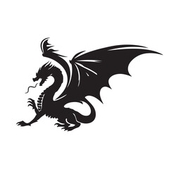 Fantasy Dragon Silhouette - Mythical Creature Outline, Vector drawing of a black dragon silhouette that sits