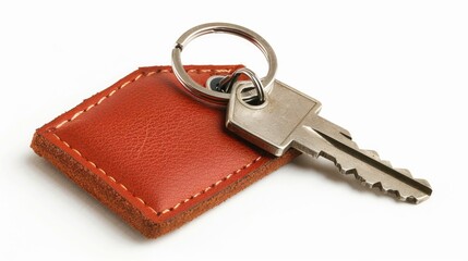 A close-up shot of a leather keychain featuring a metal key