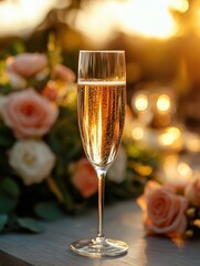 A glass of champagne sits on a table with flowers behind it.wedding glass of champagne on a sunny day in the background there is a table with elegant wedding decorations and flowers holiday concept
