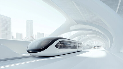 A futuristic high-speed train glides through a sleek, white station in a modern city. The minimalist architecture and advanced technology highlight the future of urban transportation and sustainable d