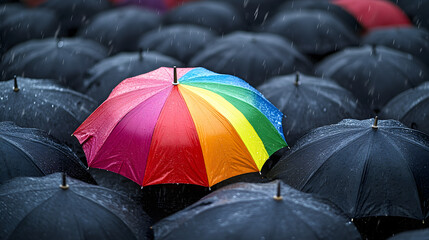 High-Detail Image of a Rainbow Umbrella Among Black Umbrellas on a Rainy Day