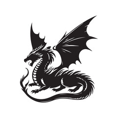 Fantasy Dragon Silhouette - Mythical Creature Outline, Vector drawing of a black dragon silhouette that sits