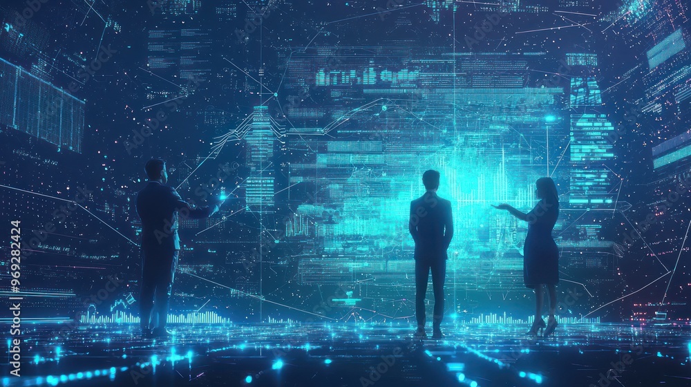 Poster futuristic 3d animated characters reviewing goals on high luminosity business chart in 32k resolutio
