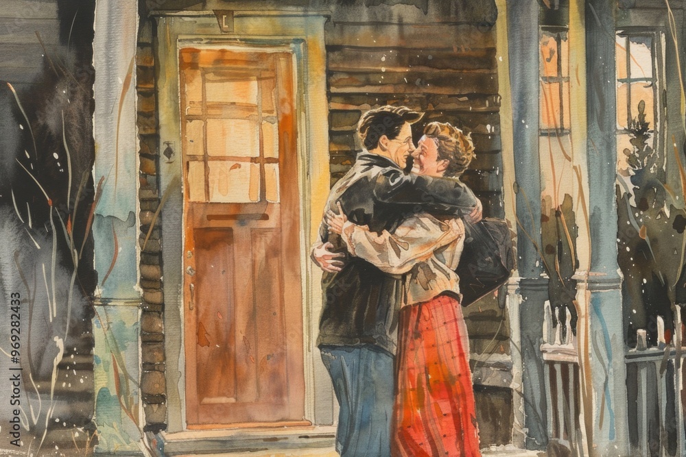 Wall mural A romantic moment captured between a loving couple embracing outside a residential house