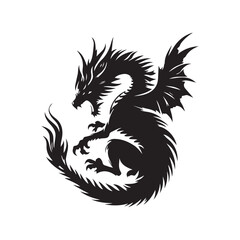 Fantasy Dragon Silhouette - Mythical Creature Outline, Vector drawing of a black dragon silhouette that sits