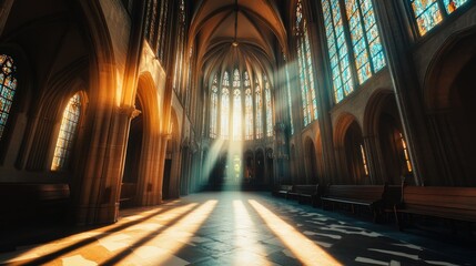 Fototapeta premium A serene interior of a cathedral with stained glass windows and sunlight streaming in.