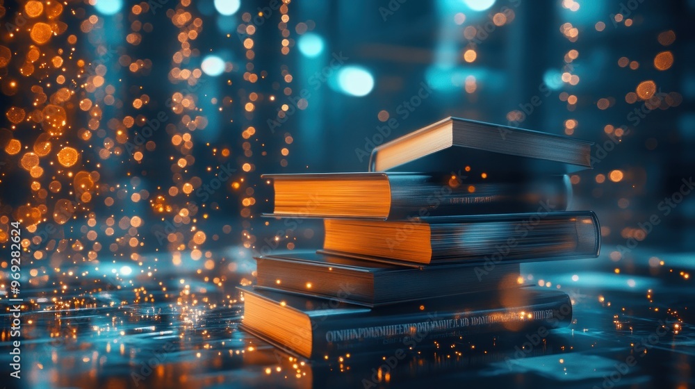 Poster a stack of books illuminated with a magical glow, surrounded by a shimmering background.