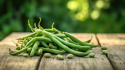 A pile of fresh green beans on a wooden surface, showcasing their natural beauty.