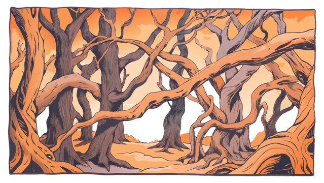 an illustration of a dense, twisted forest. The trees have long, gnarled branches that intertwine and stretch across the scene. The color palette is warm, with shades of orange and brown dominating 