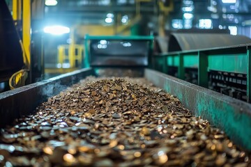 Fototapeta premium Metal Fragments Flowing Through Industrial Conveyor Belt