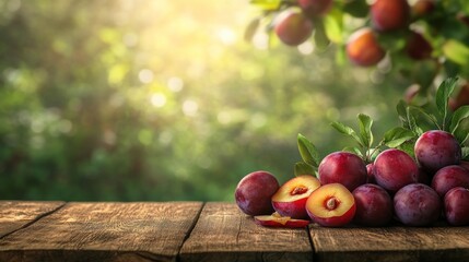 Fresh plums on a wooden table with a blurred green background.