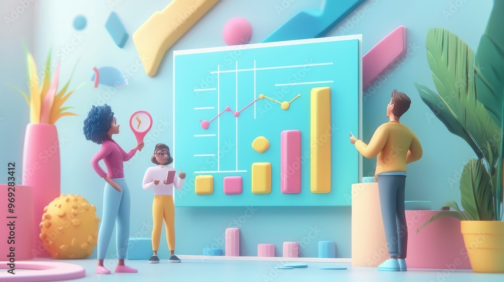 Poster animated team reviewing progress on vivid 3d goal-tracking chart in high definition cartoon style, g