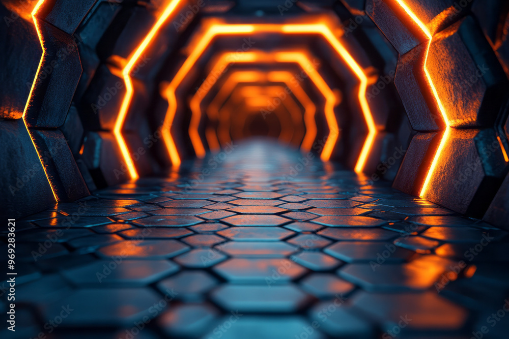 Poster a geometric tunnel formed from floating hexagonal tiles,