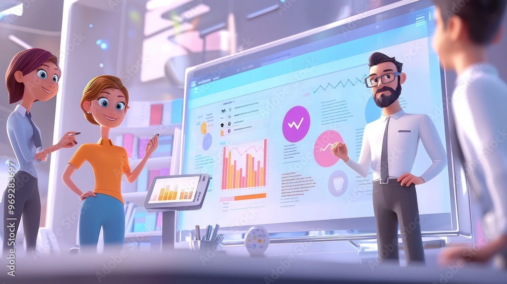 Aufkleber dynamic animated team strategizing business goals on high-luminosity 3d display in cartoon style - 3