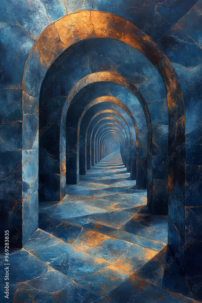 Poster an abstract tunnel filled with fractal geometric patterns,