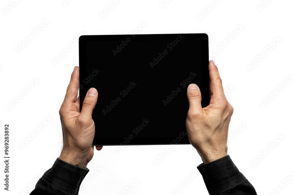 Poster a person holding a tablet computer, ideal for use with digital content or online research