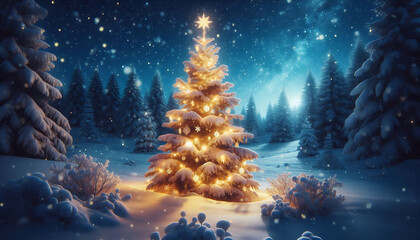 A beautifully lit Christmas tree adorned with snow sits in a serene winter landscape under a starry night sky. The tree is brightly illuminated from within radiating a warm glow