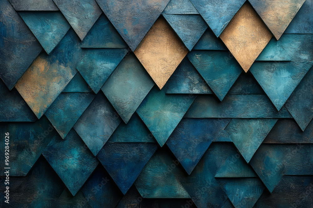 Poster a geometric abstract pattern with layers of woven triangles,