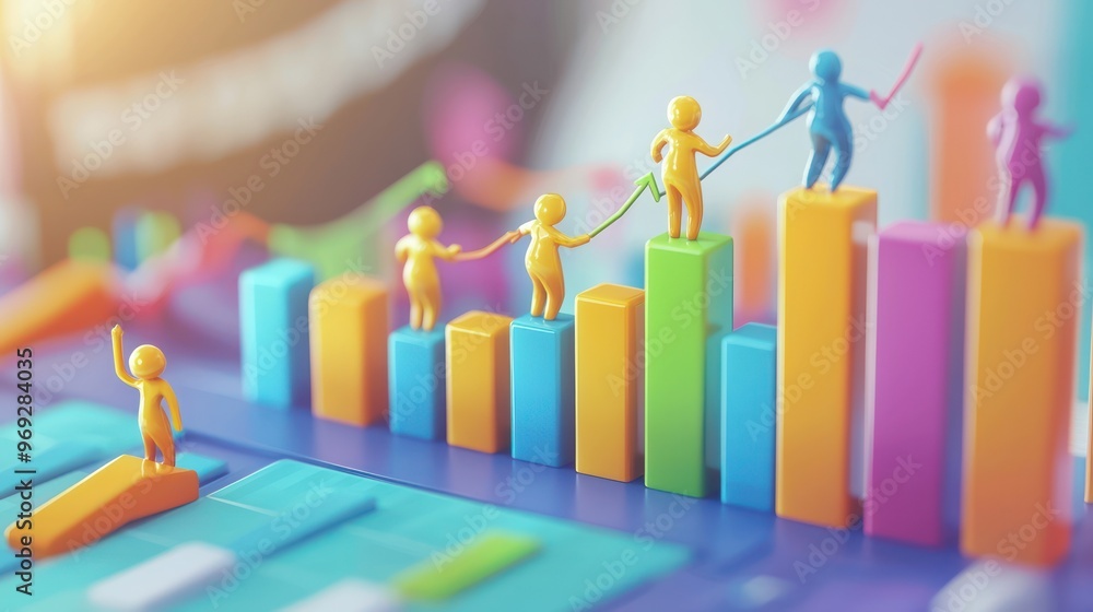 Poster dynamic 3d characters adjusting business goals on vibrant chart in high luminosity cartoon style, ge