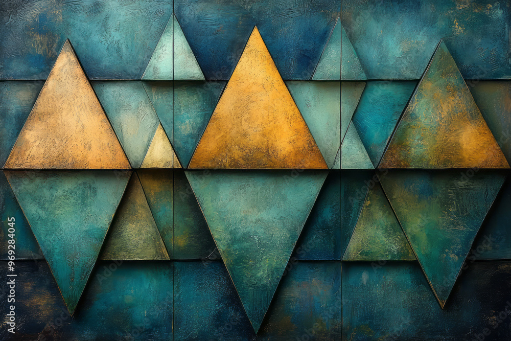 Poster a geometric abstract pattern with layers of woven triangles,