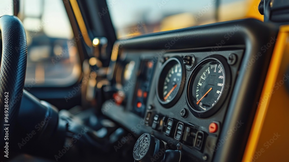 Poster close-up of a vehicle's dashboard showing gauges and controls.