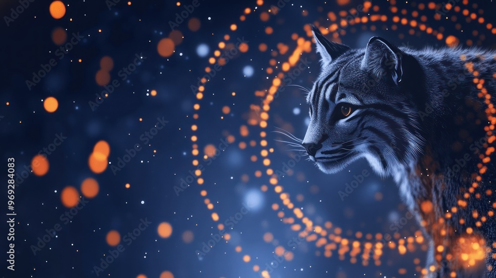 Poster a stylized image of a lynx with glowing orbs in a swirling pattern.