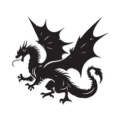 Fantasy Dragon Silhouette - Mythical Creature Outline, Vector drawing of a black dragon silhouette that sits