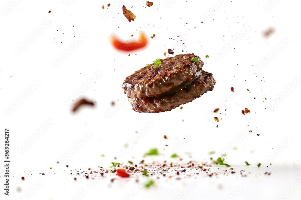 Poster a piece of meat suspended in mid-air, perfect for adding texture and realism to your culinary or foo